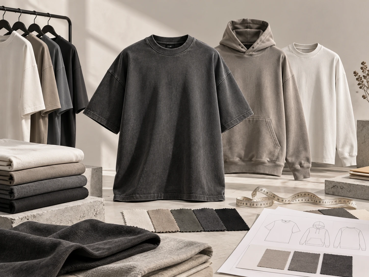 Vintage washed T-shirt development board with neutral fabric and color references