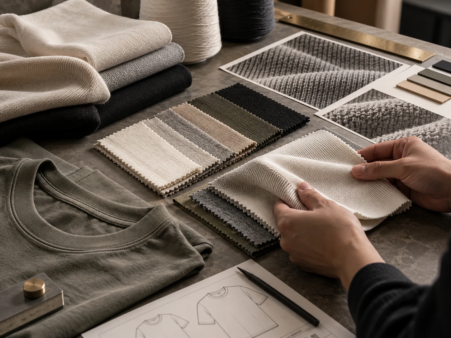 Cotton jersey fabric swatches and development materials for men’s streetwear