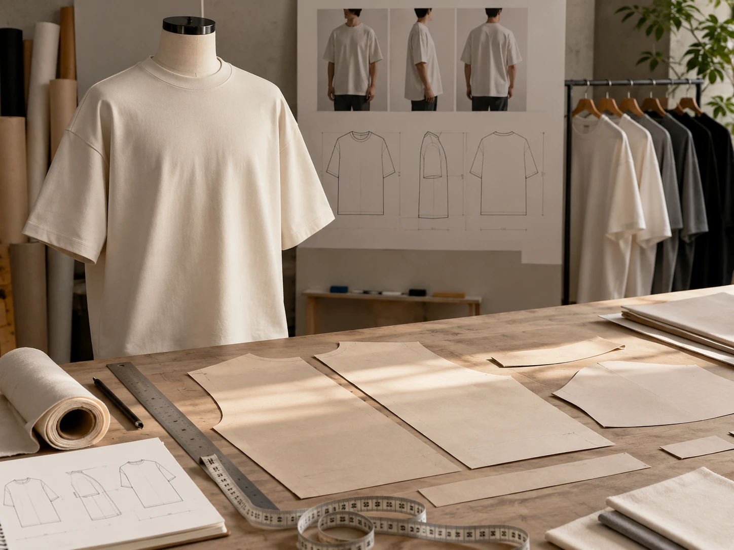 Custom oversized T-shirt development with pattern proportions and silhouette references