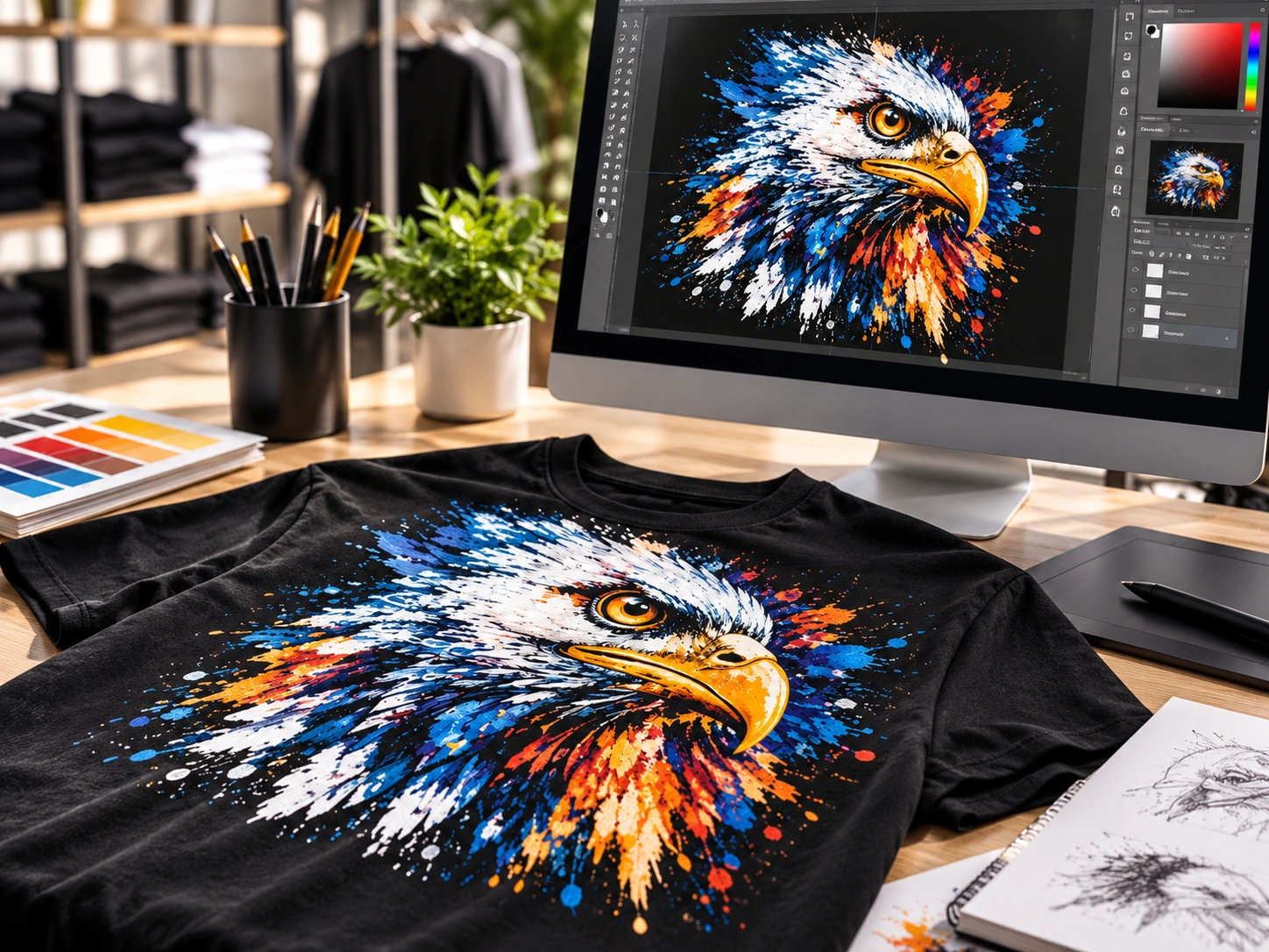 Multicolor DTG eagle graphic in digital artwork setup on a laptop