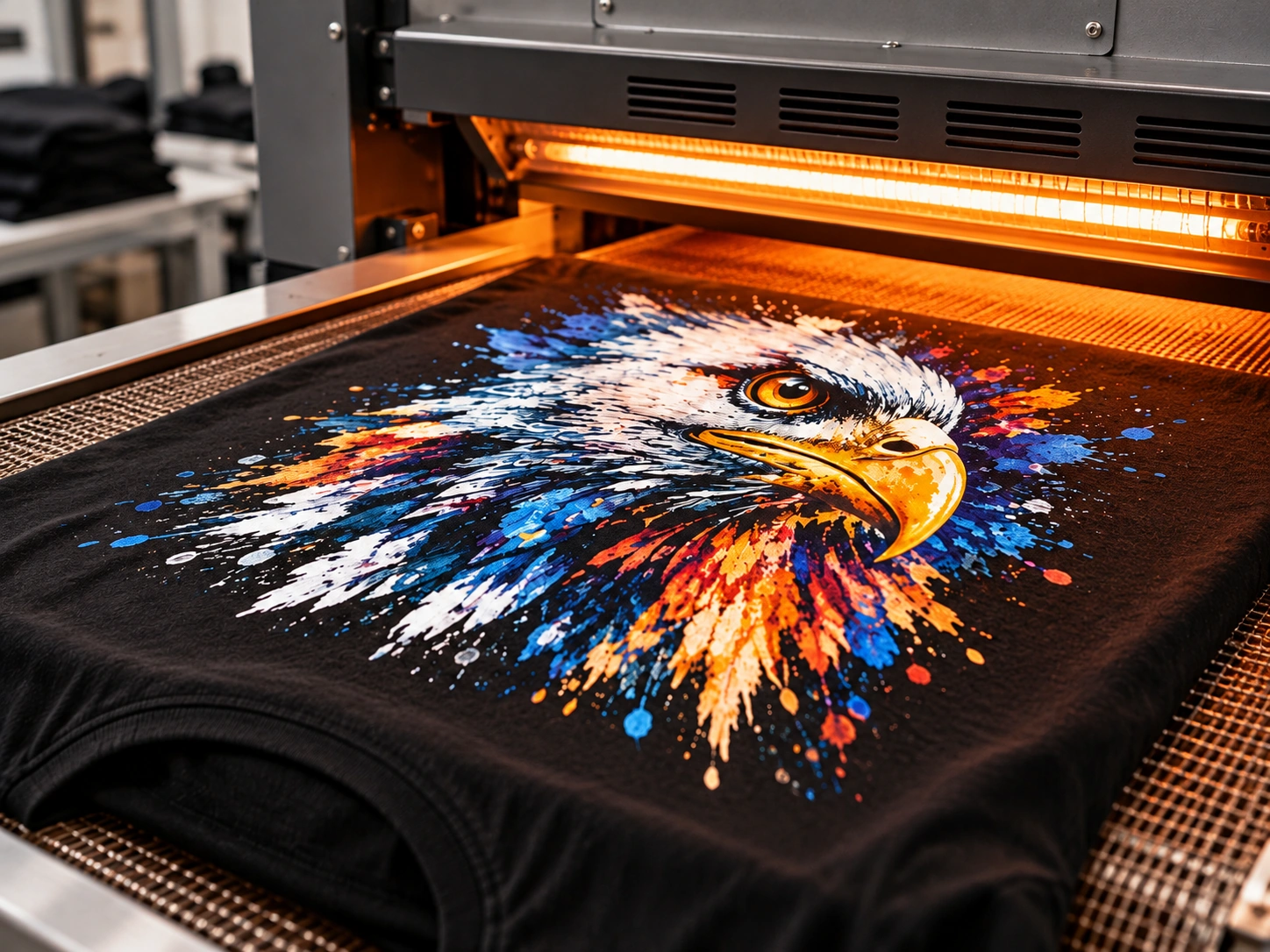 DTG printed garment entering curing equipment