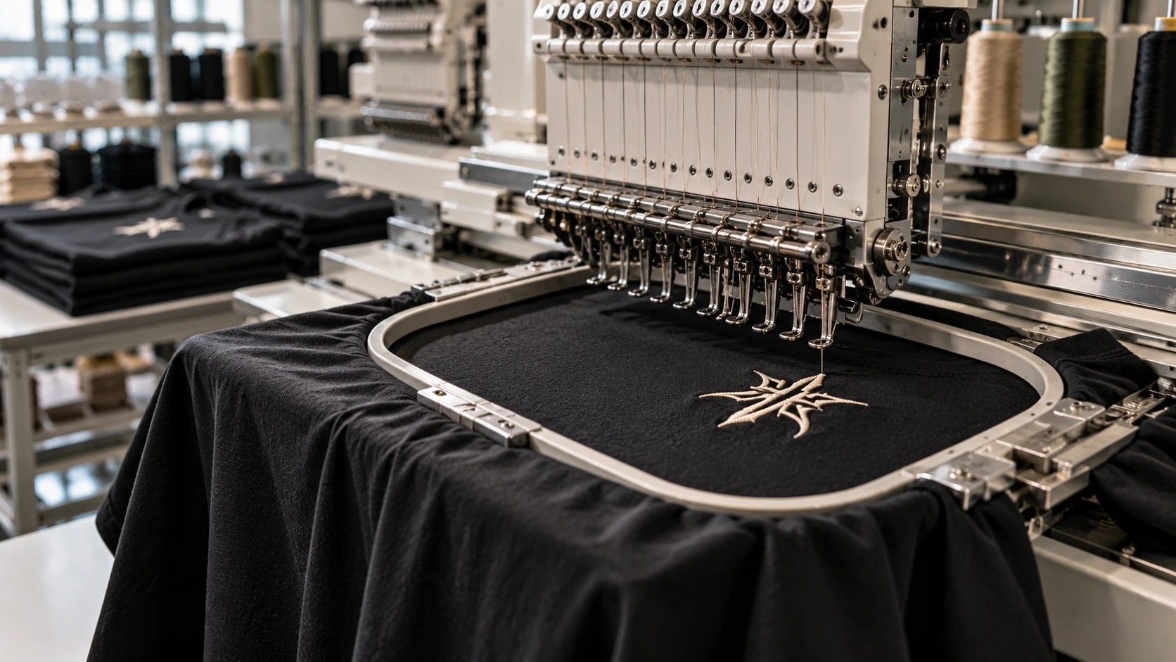 Industrial embroidery machine stitching a black streetwear T-shirt