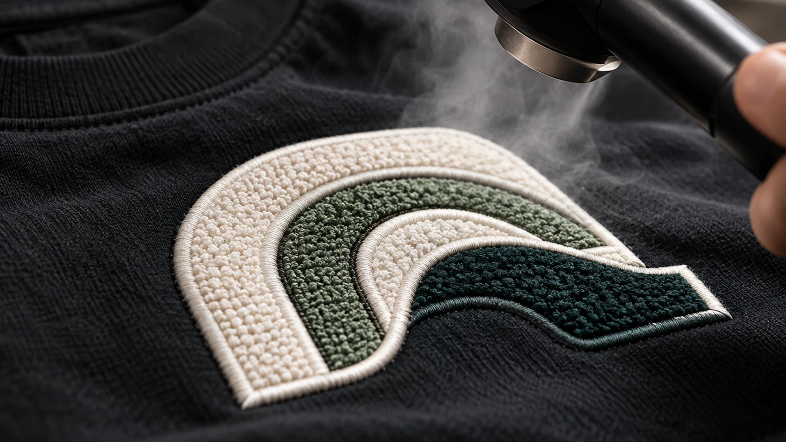Original curved geometric chenille embroidery undergoing finishing and placement inspection