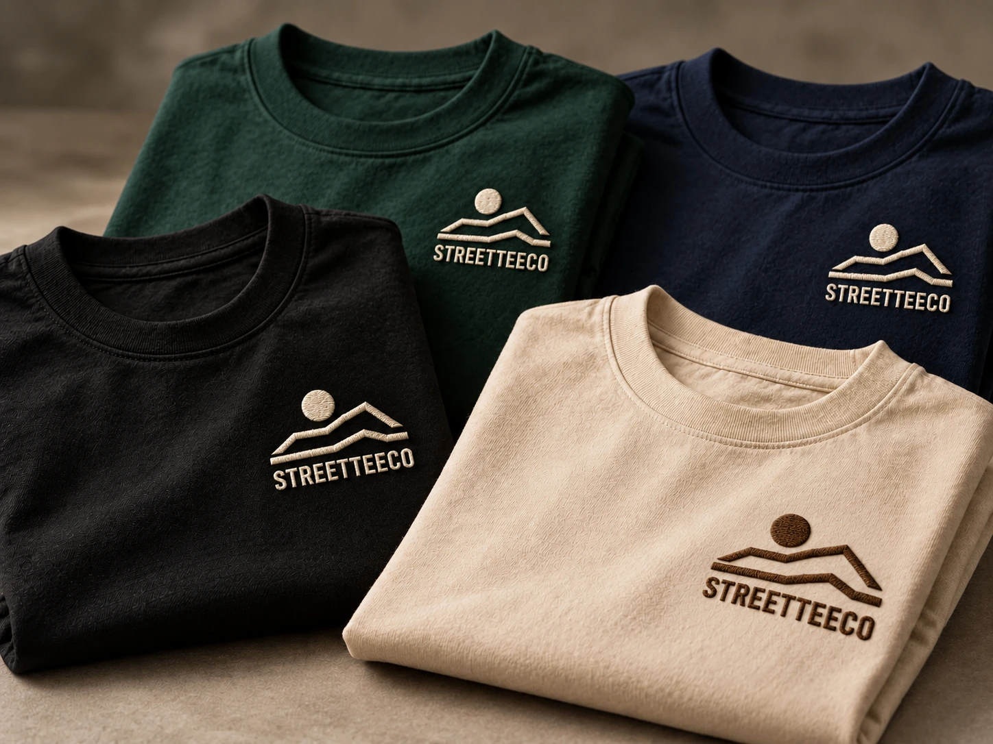 Black, green, navy and cream T-shirts embroidered with the same STREETTEECO sun and mountain logo and wordmark