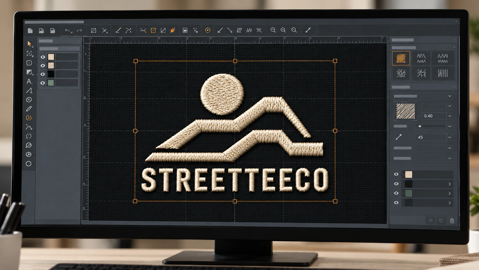 STREETTEECO sun and mountain logo with wordmark digitized on an embroidery design screen