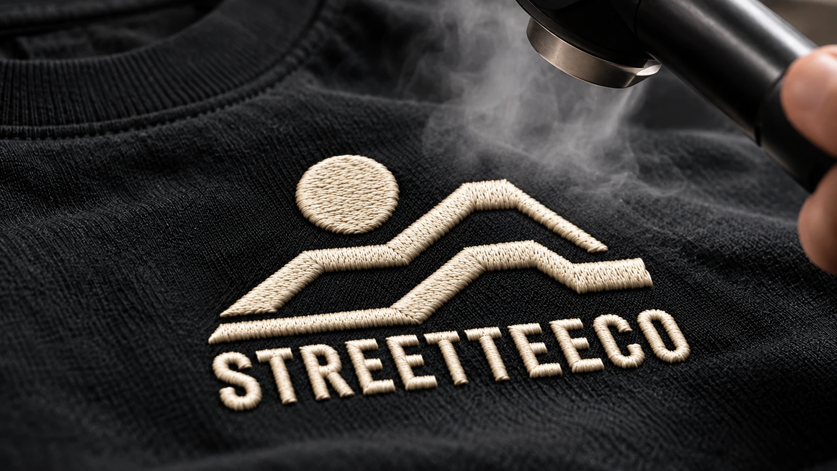 Checking the finished STREETTEECO sun and mountain embroidery and wordmark on a black T-shirt