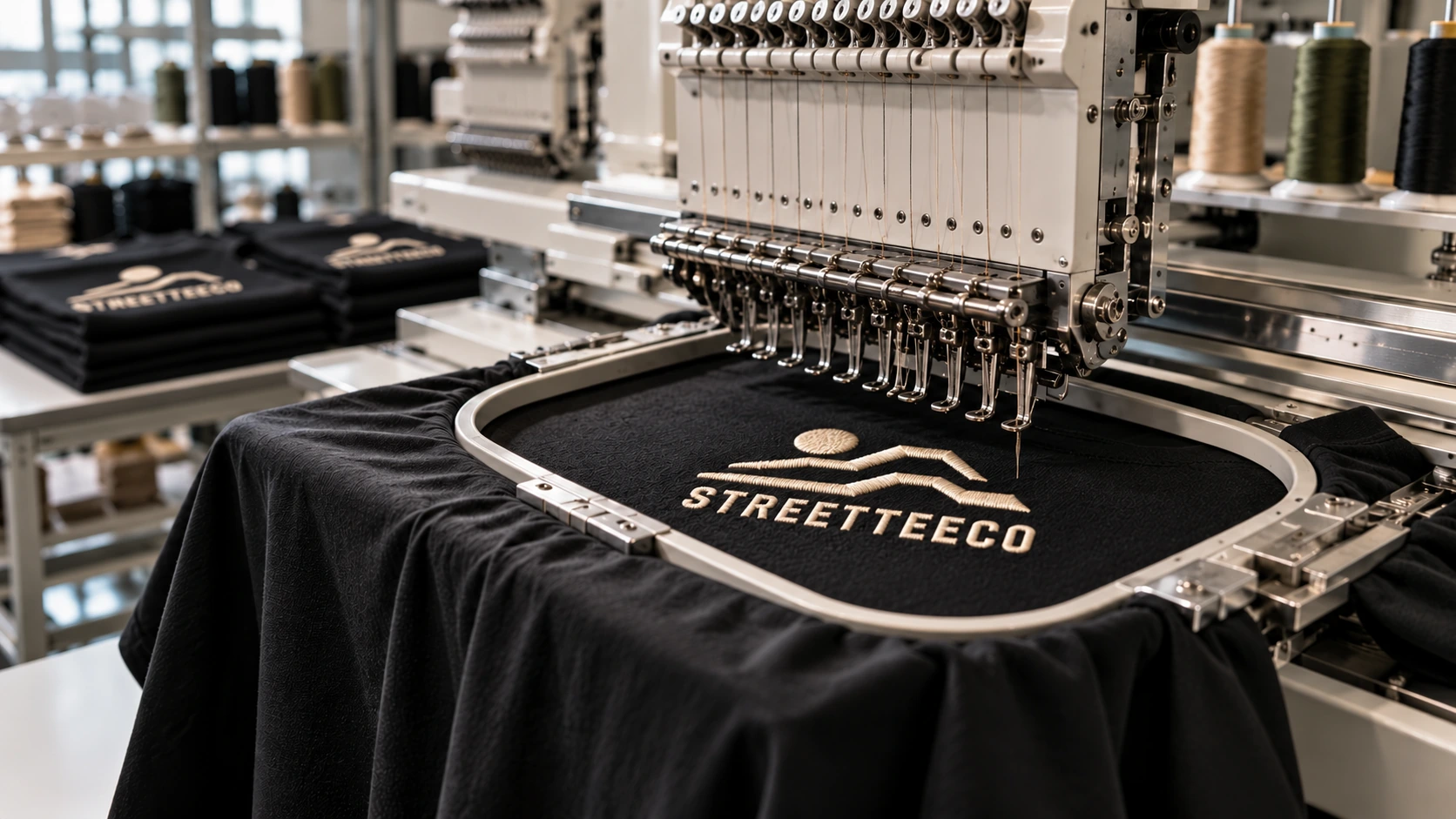 Industrial embroidery machine stitching the STREETTEECO sun and mountain logo and wordmark on a black T-shirt