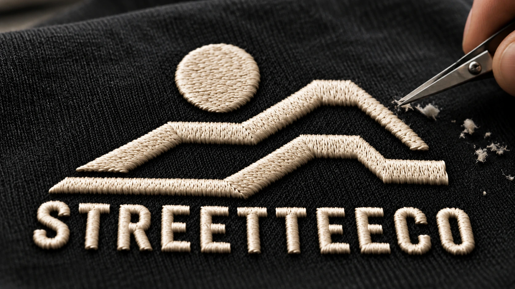 Trimming loose threads around the ivory STREETTEECO logo and wordmark on black fabric