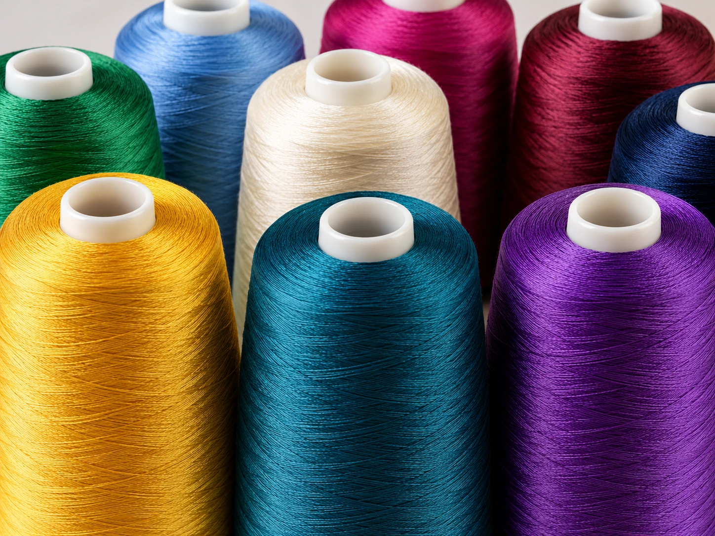 Detailed yellow, teal and violet embroidery thread cones with a coordinated color palette