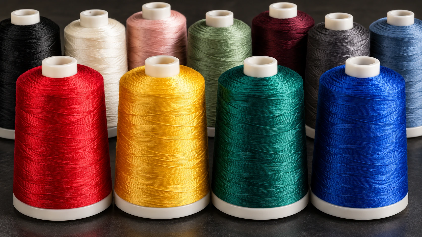 Sharp close-up of red, gold, teal and blue embroidery thread cones selected for production