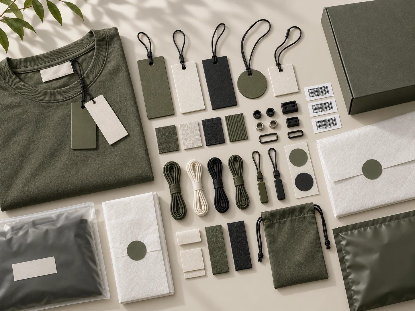 Coordinated private-label accessories including tags, cords, labels, mailers and packaging details