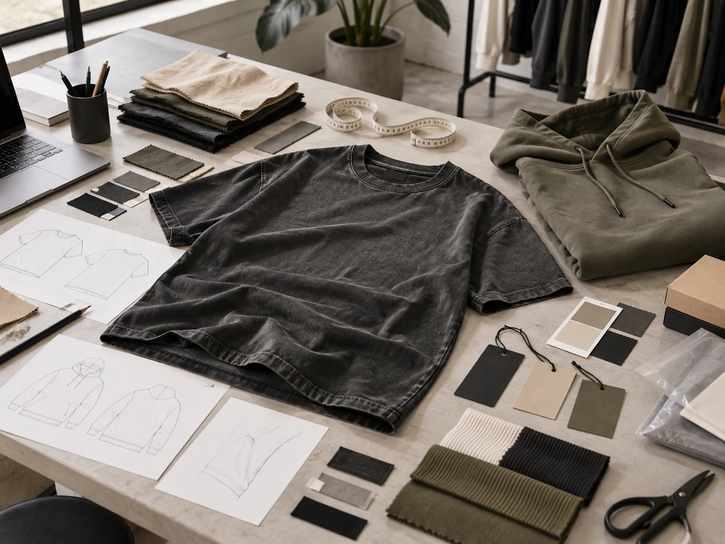 Streetwear sample development table with garments, fabrics and specification references