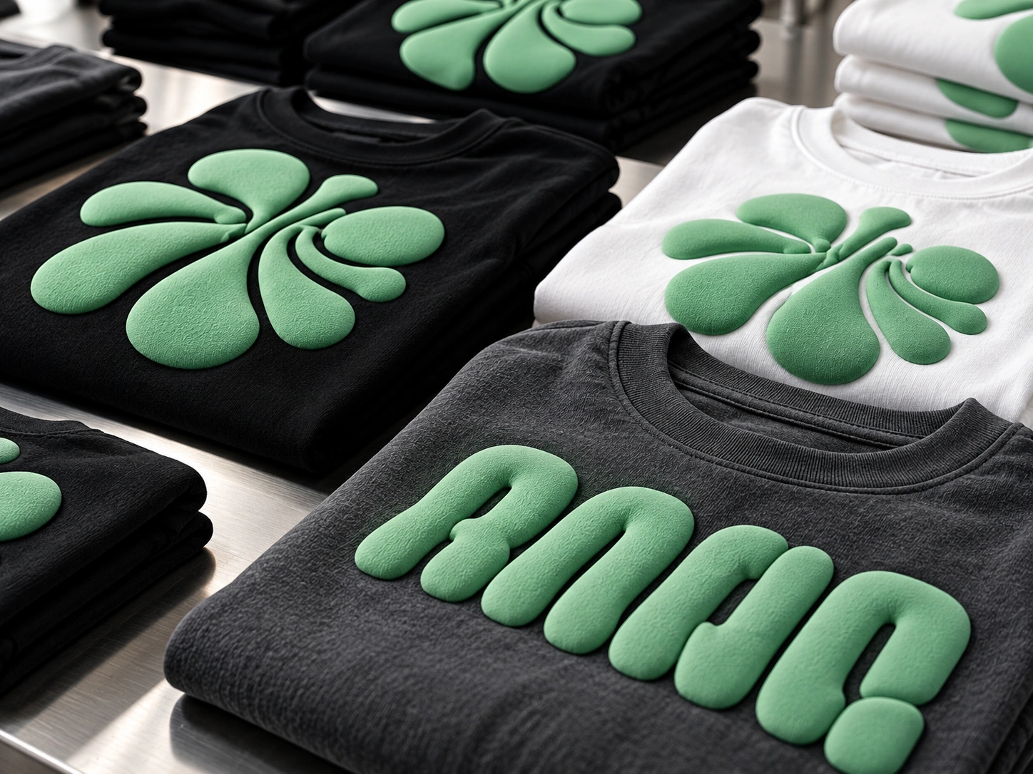 Finished puff-print T-shirts stacked for final production review