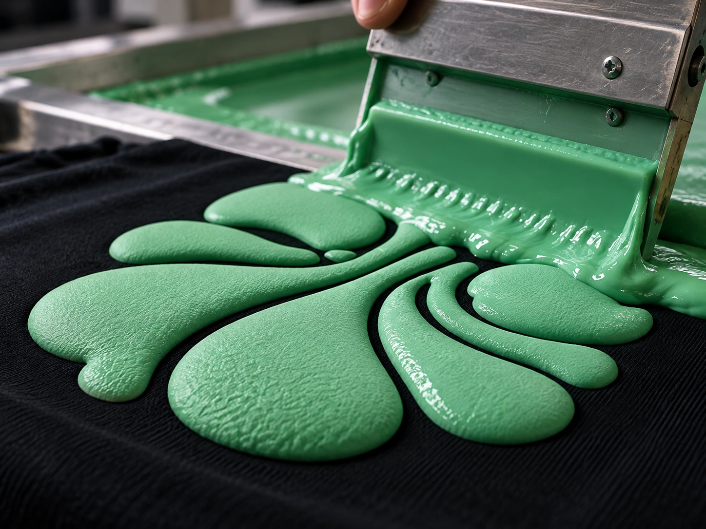 Puff ink being applied through a screen onto a garment