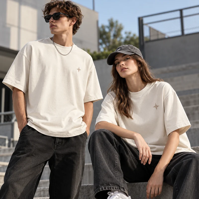 Two models wearing cream relaxed-fit Streetwear Essential Tees with small embroidered chest details