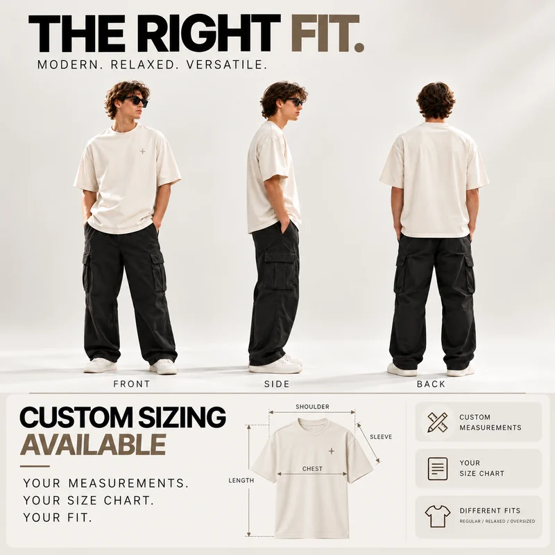 Front, side and back views of the cream Essential Tee with custom measurement guidance