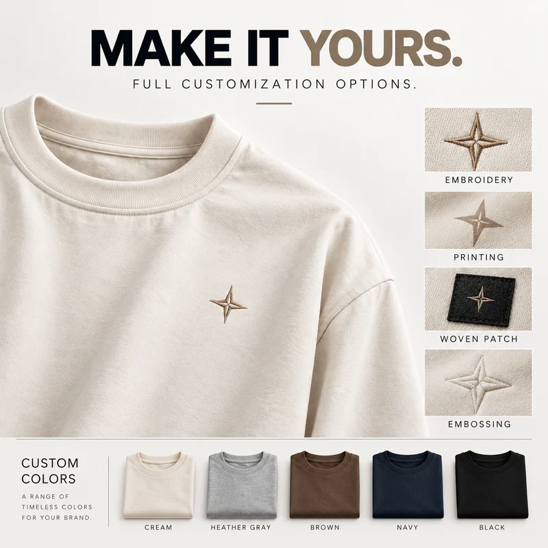 Cream Essential Tee showing embroidery, printing, woven patch, embossing and custom color options