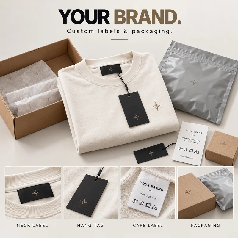 Cream Essential Tee with custom neck label, hang tag, care label and branded packaging