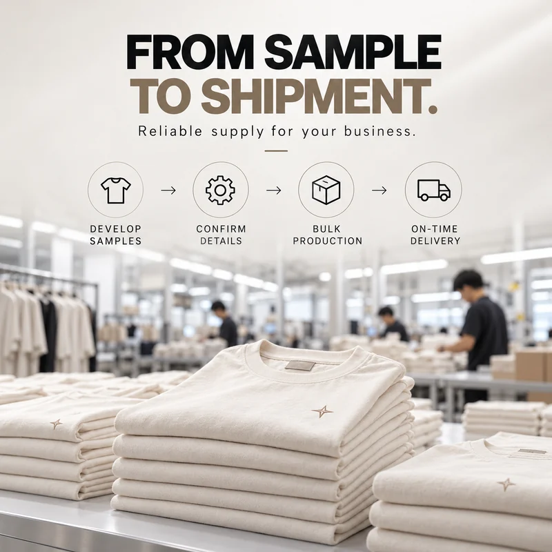 Cream Essential Tees in a garment workshop illustrating sampling, approval, bulk production and shipment