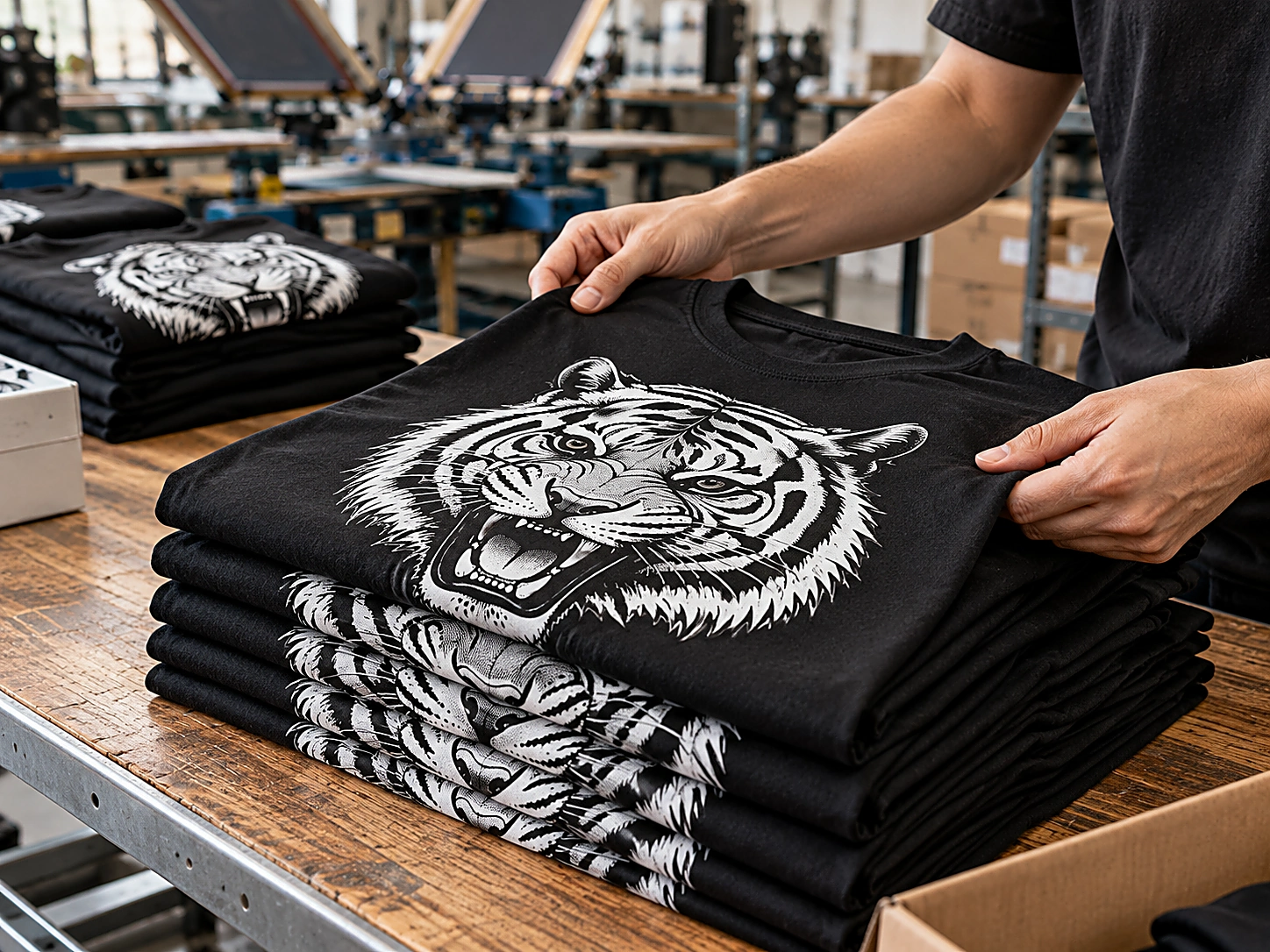 Finished screen printed T-shirts prepared for quality inspection